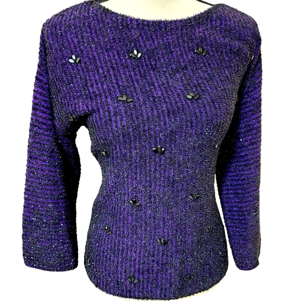 NEW! Ruby Rd. Woman dark purple and black embellished 3/4 sleeve sweater - Picture 5 of 16